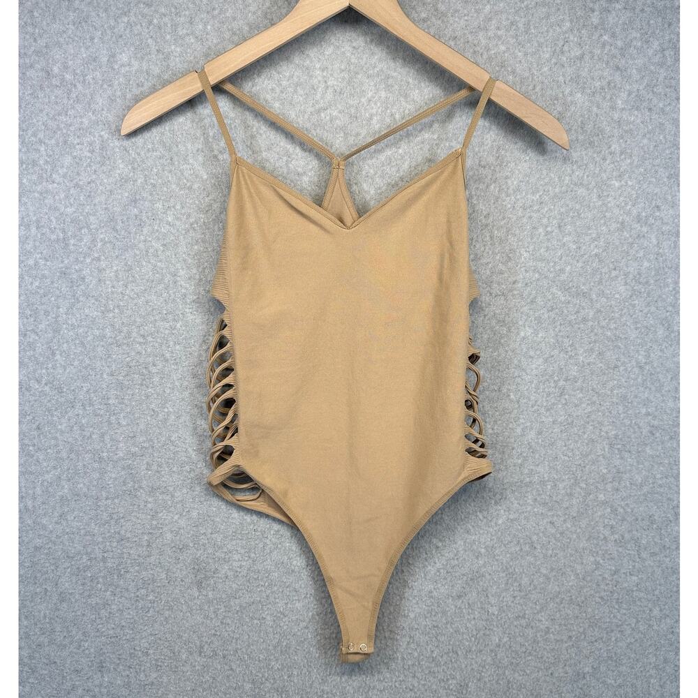Bebe Swimsuit Womens Size M L Tan Brown Bathing One-Piece Strappy Cutout